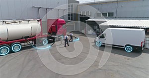 Pumping liquid from a tanker to a factory. Visualization of a smart chemical factory. Tank truck at a chemical