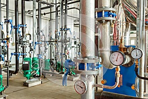 Pumping station for industrial, gas boiler, with many pipelines and pumps