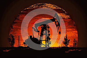 Pumpjack on sunset, oil industry, heavy machinery, AI generative illustration