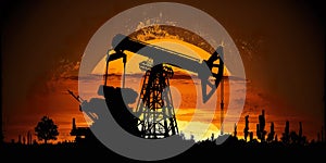 Pumpjack on sunset, oil industry, heavy machinery, AI generative illustration