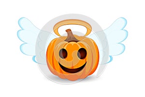 Pumpkin with angel wings and nimbus on white background. The main symbol of the Happy Halloween holiday. Orange pumpkin with smile