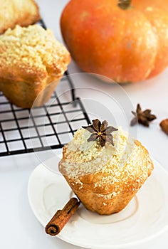 Pumpkin Apple Muffins with streusel. Thanksgiving concept. White