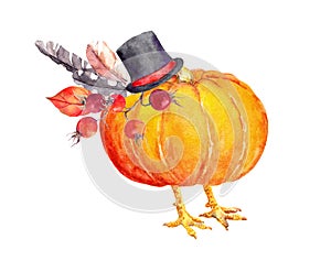 Pumpkin as thanksgiving turkey. Watercolor