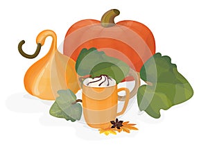 Pumpkin autumn coffee drink with spices. Pumpkins and maple leaves. Autumn design for Thanksgiving.