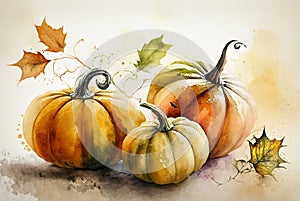 Pumpkin and autumn leaves on white background. Watercolor pumpkin, print for cover booklet. Autumn card.