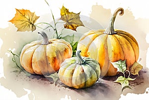 Pumpkin and autumn leaves on white background. Watercolor pumpkin, print for cover booklet. Autumn card.