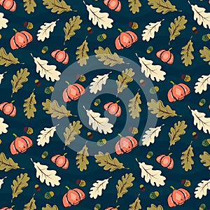 Pumpkin autumn seamless pattern print with leaves, Thanksgiving, harvest or Halloween seasonal background