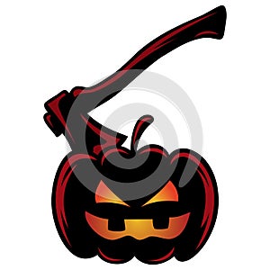 Pumpkin with Axe Stabbed Halloween Cartoon Vector Illustration