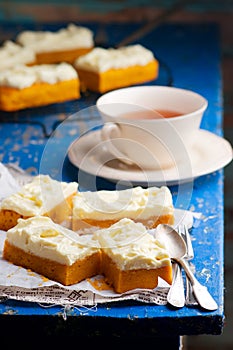 Pumpkin Bars with cream cheese frosting.