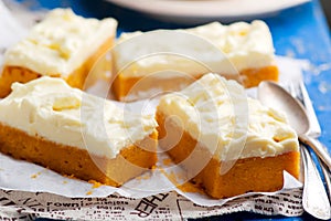 Pumpkin Bars with cream cheese frosting.