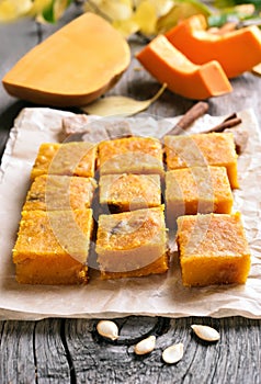 Pumpkin bars on wooden table