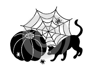 Pumpkin, black koi and spider in the web. Halloween stencil for cutting