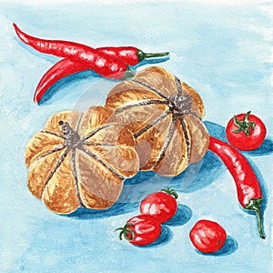 Pumpkin bread with chilli peppers and tomatoes