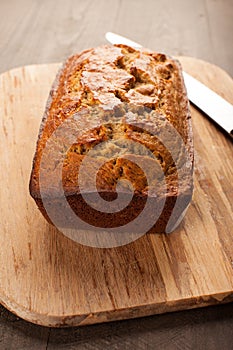 Pumpkin bread on cutting board close up shot