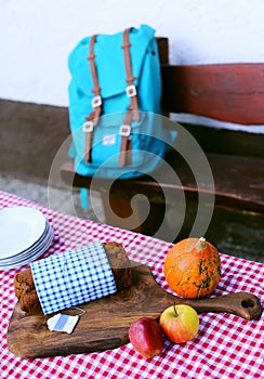 Pumpkin bread pound cake with apples, backpack, autumn picnic