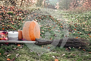 Pumpkin with a broom laying on a grass. on a gloomy day Halloween concept