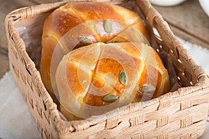 Pumpkin bun topping with pumpkin seeds in the basket.