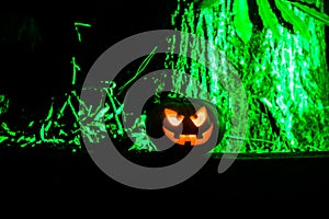 Pumpkin Burning In Forest At Night - Halloween Background. Scary Jack o Lantern smiling and glowing pumpkin with dark toned foggy