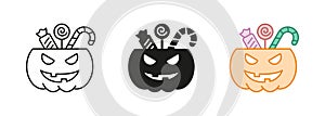 Pumpkin with Candies Line and Silhouette Icon Set. Halloween Basket for Sweet Candy Black and Color Symbol Collection