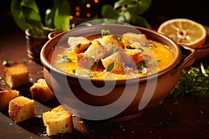 Pumpkin carrot soup in a carved bowl garnished with cream croutons and fresh herbs on rustic wooden table. Traditional food