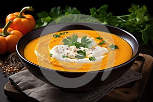Pumpkin And Carrot Soup With Cream And Parsley, Presented On Dark Wooden Backdrop