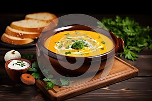 Pumpkin And Carrot Soup With Cream And Parsley, Presented On Dark Wooden Backdrop