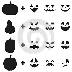 Pumpkin carving jack o lantern face. Vector icon set