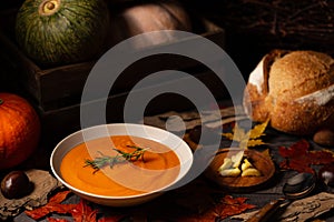Pumpkin and chestnut soup with rosemary twig aside pumpkins, bread and chestnuts on a dark wood background spread with leaves