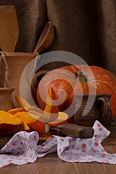 Pumpkin cooking on the kitchen table. Vintage style