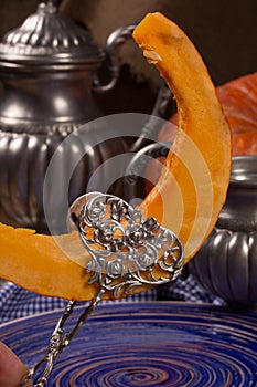 Pumpkin cooking on the kitchen table. Vintage style