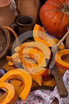 Pumpkin cooking on the kitchen table. Vintage style