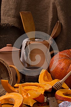 Pumpkin cooking on the kitchen table. Vintage style