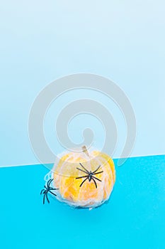 A pumpkin covered with a spider web and spiders on a blue background.