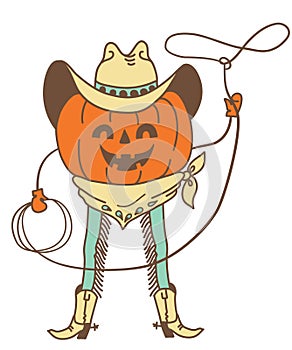 Pumpkin cowboy rodeo vector printable color illustration. Halloween pumpkin wearing cowboy hat and cowboy boots holds lasso photo