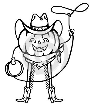 Pumpkin cowboy vector printable illustration. Halloween pumpkin wearing cowboy hat and cowboy boots holds lasso isolated on white photo