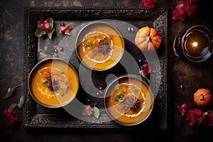 Pumpkin cream soup with badian and spicy herbs, top view, AI Generated