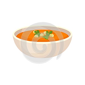 Pumpkin cream soup with cream in a bowl, traditional Thanksgiving food vector Illustration on a white background