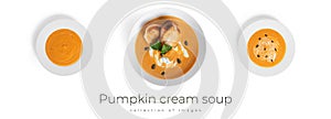 Pumpkin cream soup isolated on a white background.