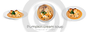 Pumpkin cream soup isolated on a white background.