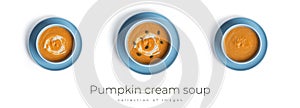 Pumpkin cream soup isolated on a white background.
