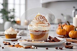 Pumpkin cupcakes with whipped cream cheese and dusted with cinnamon. Thanksgiving autumn dessert, generated AI