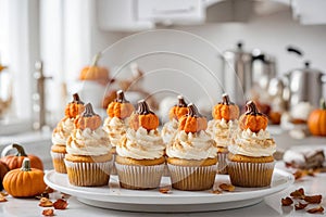 Pumpkin cupcakes with whipped cream cheese and dusted with cinnamon. Thanksgiving autumn dessert, generated AI