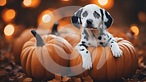 with pumpkin Dalmatian puppy on a halloween pumpkin