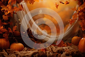 Pumpkin decoration with hay stacks. Halloween background