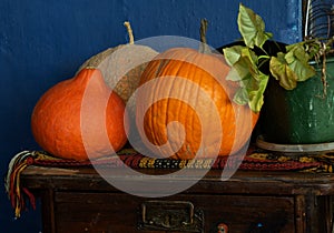 Pumpkin with decorative gourds and a flower