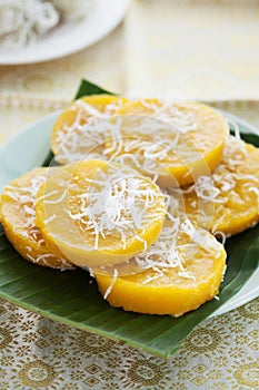 Pumpkin dessert with coconut on banana leaf,thai dessert