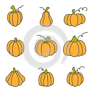 Pumpkin Doodle Collection. Cute Cartoon Pumpkins. Autumn Harvest Design elements. Vector illustration