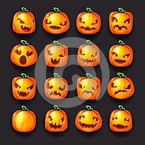 Pumpkin emoji halloween jack o lantern scary faces smile icons set isolated 3d cartoon decoration design vector