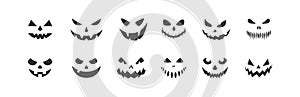 Pumpkin face silhouettes icon set. Vector Halloween flat