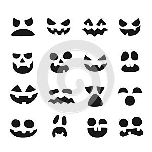 Pumpkin faces. Halloween evil devil face. Scary smile mouth, spooky nose and pumpkins eyes vector illustration set